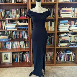 𝅺n/nicholas off shoulder crossover bust body con maxi dress navy blue sz 0